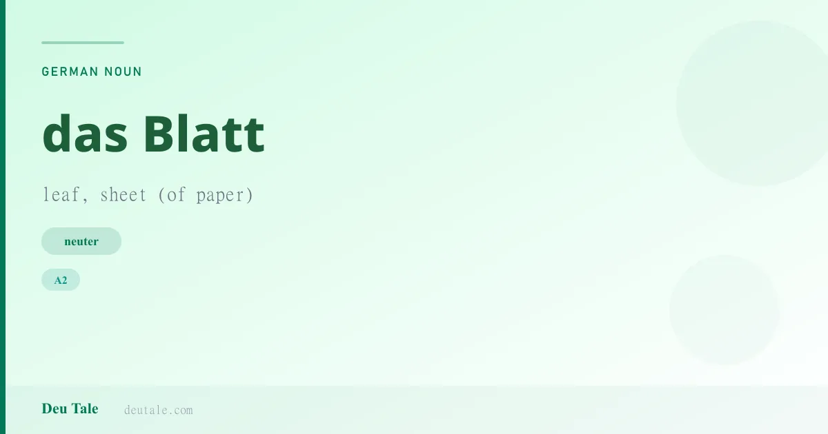 das Blatt — German neuter noun meaning leaf, sheet (of paper) (A2)